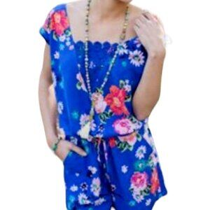 Matilda Jane Romper Size M Blue Floral Crochet Accent Drawstring Waist Pockets